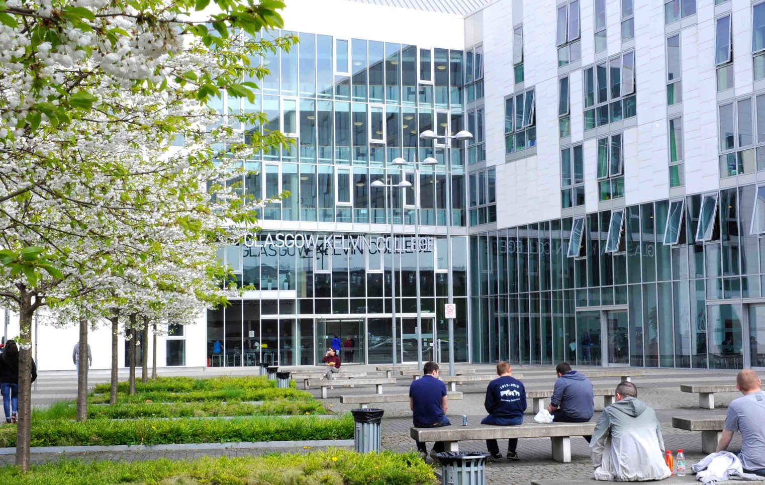 Exterior view of Glasgow Kelvin College Springburn Campus and Quadrant building, showcasing modern architecture and main entrance area.