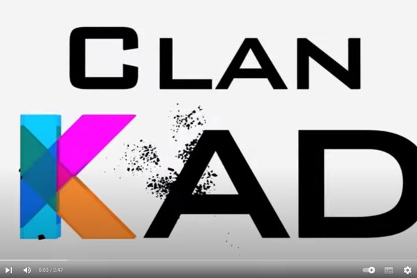 A digital graphic displaying the text "CLAN CAD" in bold black letters on a white background. The "K" in "CLAN" is stylized with colorful geometric shapes in blue, orange, and pink, with a splatter effect on the right side of the design.