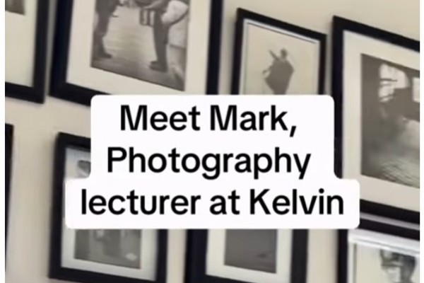 Framed black and white photographs on a gallery wall with text introducing Mark, a photography lecturer at Kelvin.