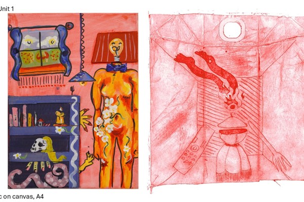 Two colourful mixed-media artworks from a graded unit, including surreal figures and symbolic imagery.
