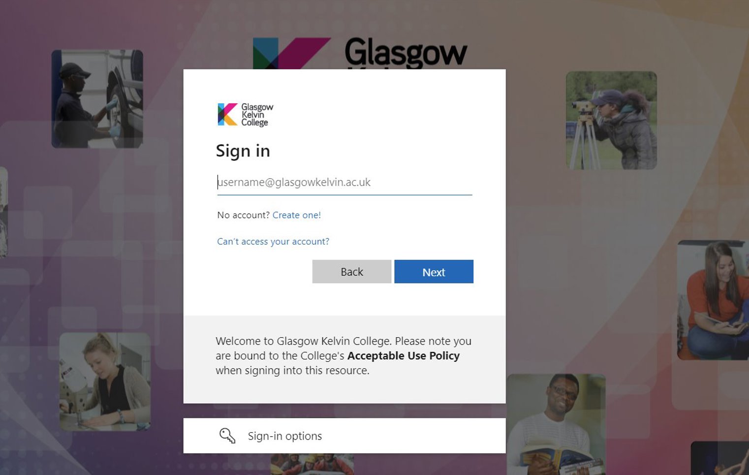 Glasgow Kelvin College login screen prompting users to sign in with their college email address, with background images of students and college activities.