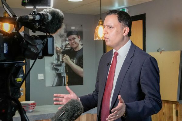 Scottish Labour leader Anas Sarwar being interviewed on camera during visit to Glasgow Kelvin College.