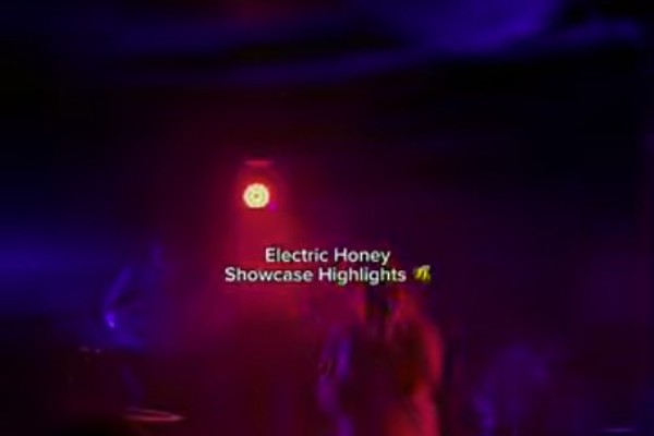 Performer on stage under moody purple and red lighting at the Electric Honey Showcase at The Flying Duck, with audience silhouettes in the foreground.