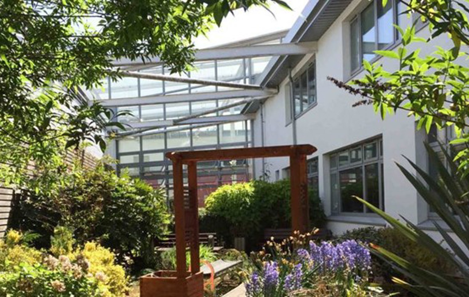 Lush garden courtyard at John Wheatley College featuring flowers, shrubs, and a wooden pergola under a glass canopy.