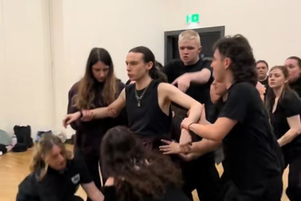 HND Musical Theatre students rehearsing a dramatic ensemble scene for “35mm” in a studio at Glasgow Kelvin College.
