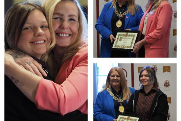 Glasgow Kelvin College photography students Nicola Cobain and Nath Kossak receiving their Craftex 2025 photography awards from the Deacon Convener at the Trades Hall, celebrating their winning entries The Spider and Apollo.