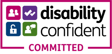 Disability Confident logo with four coloured icons representing inclusion, accessibility, and opportunity.