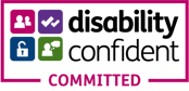 Disability Confident logo with four coloured icons representing inclusion, accessibility, and opportunity.