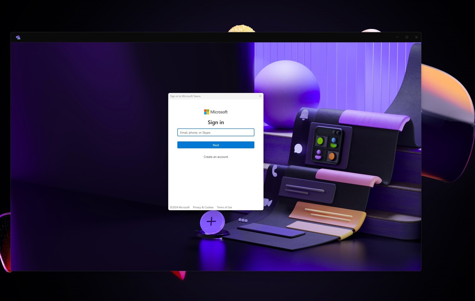 Microsoft Teams login window with a dark, stylised purple background featuring abstract 3D shapes and a prompt to sign in with an email, phone, or Skype account.