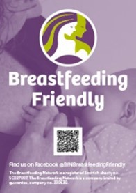 Breastfeeding Friendly logo with illustration of a mother and baby, accompanied by text promoting the Breastfeeding Network and a QR code.